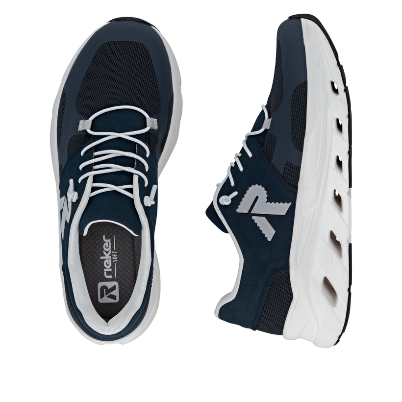 Blaue Rieker Herren Sneaker Low U3500-14 mit Schnürung sowie ultraleichter Sohle. Schuh von oben, liegend.