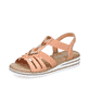 Pfirsichfarbene Rieker Keilsandaletten V0651-38 mit einem Elastikeinsatz. Schuh seitlich schräg.