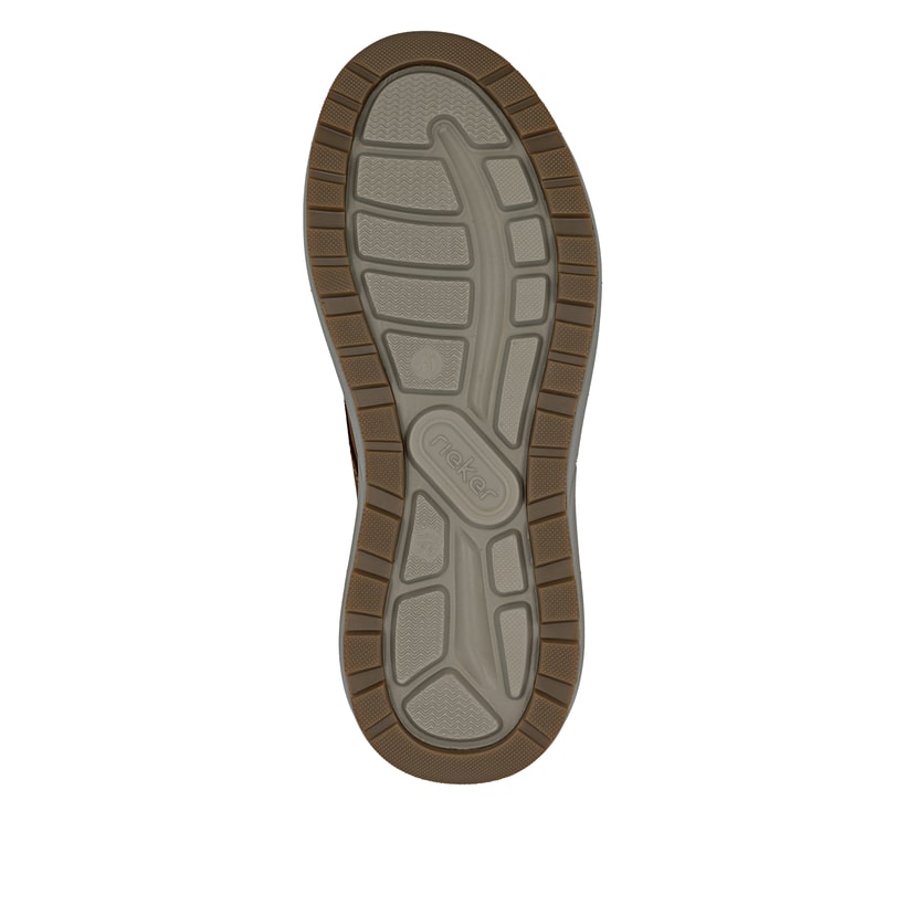 Mocassins Rieker marron homme 06050-22 en cuir suédé avec bande élastique. Semelle extérieure de la chaussure.