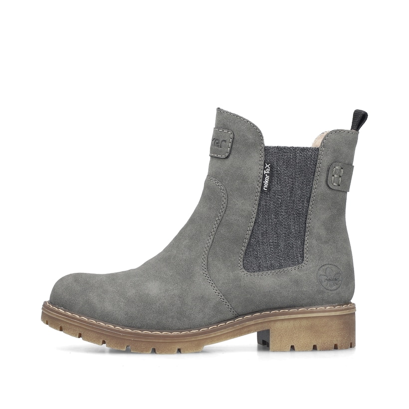Dunkelgraue Rieker Damen Chelsea Boots Y9160-45 mit einem Reißverschluss. Schuh Außenseite.