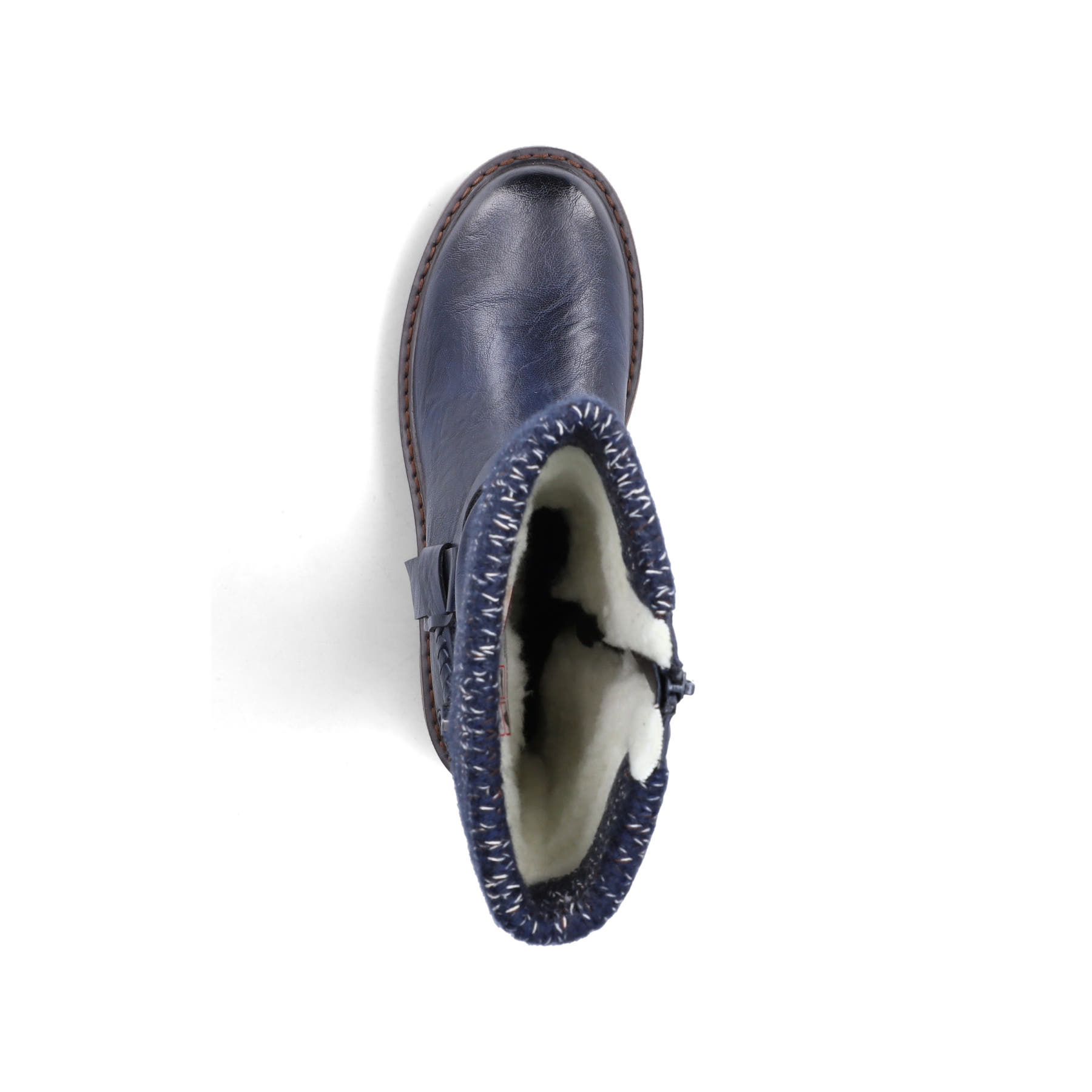 Dunkelblaue Rieker Damen Hochschaftstiefel 92984-14 mit modischer Faltenoptik. Schuh von oben.