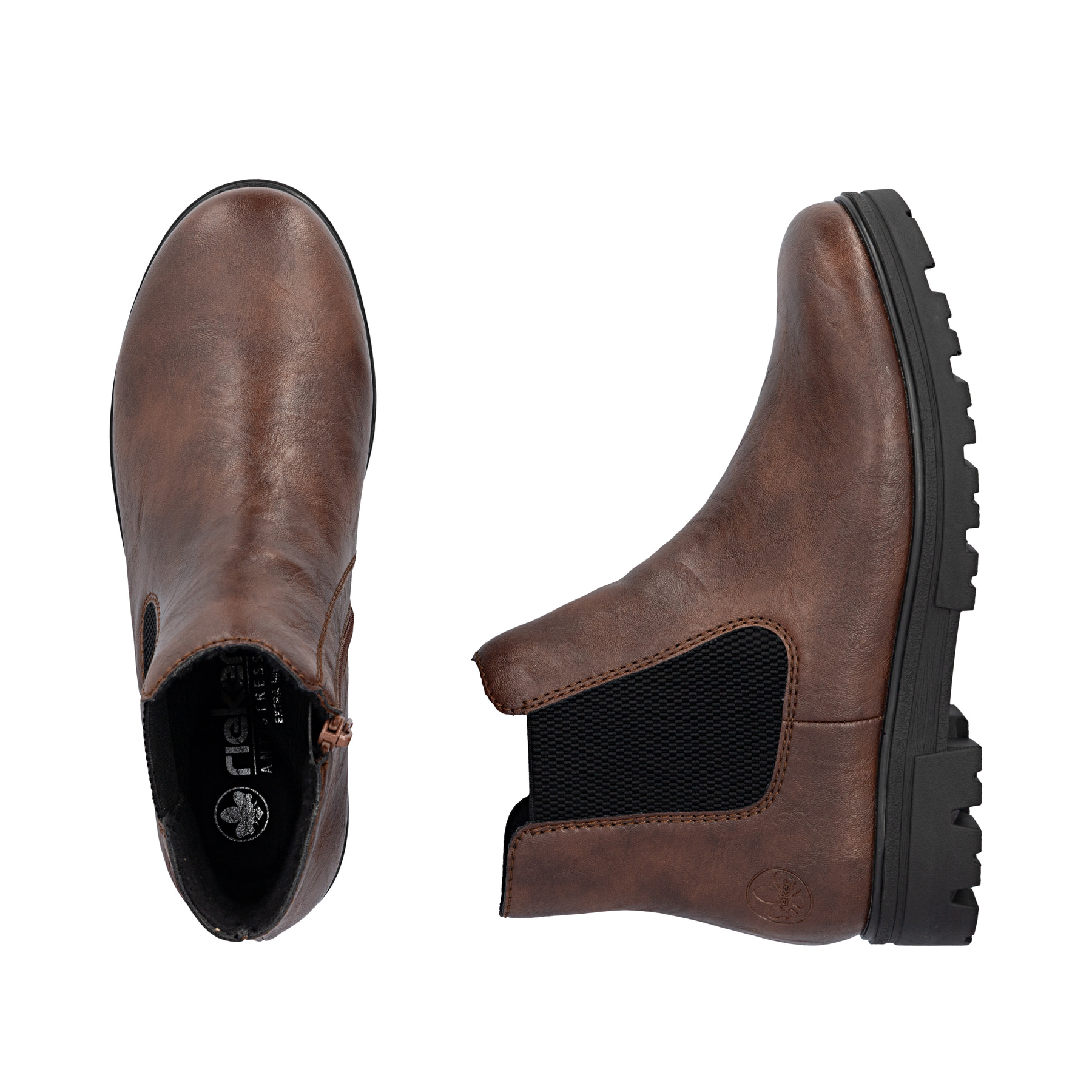 Chelsea Boots Rieker marron pour femmes 43072-22 avec fermeture éclair. Chaussure vue de dessus, couchée.