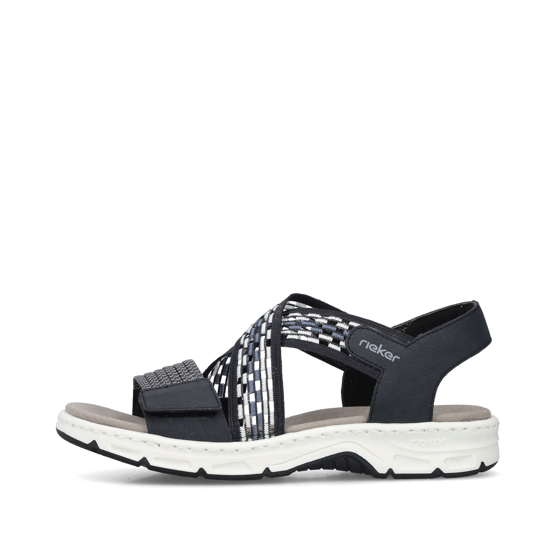 Blaue Rieker Damen Trekkingsandalen V9875-14 mit einem Elastikeinsatz. Schuh Außenseite.