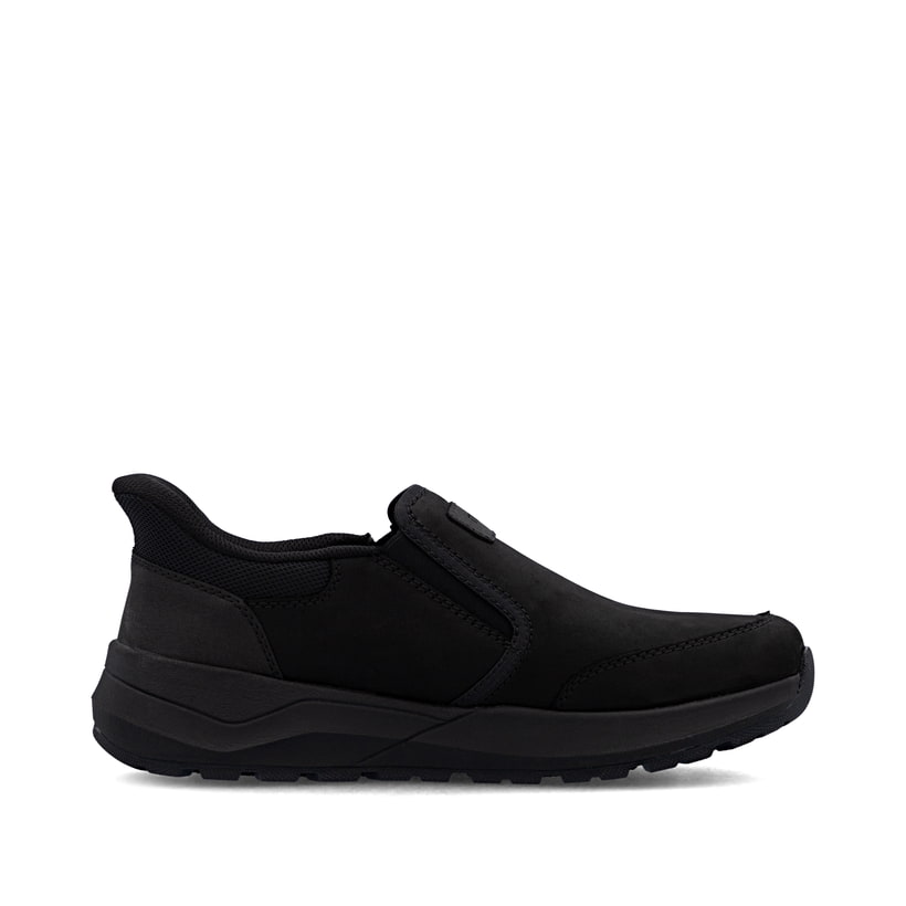 Mocassins Rieker noirs pour homme 06052-00 en cuir suédé. Chaussure vue de l'arrière.