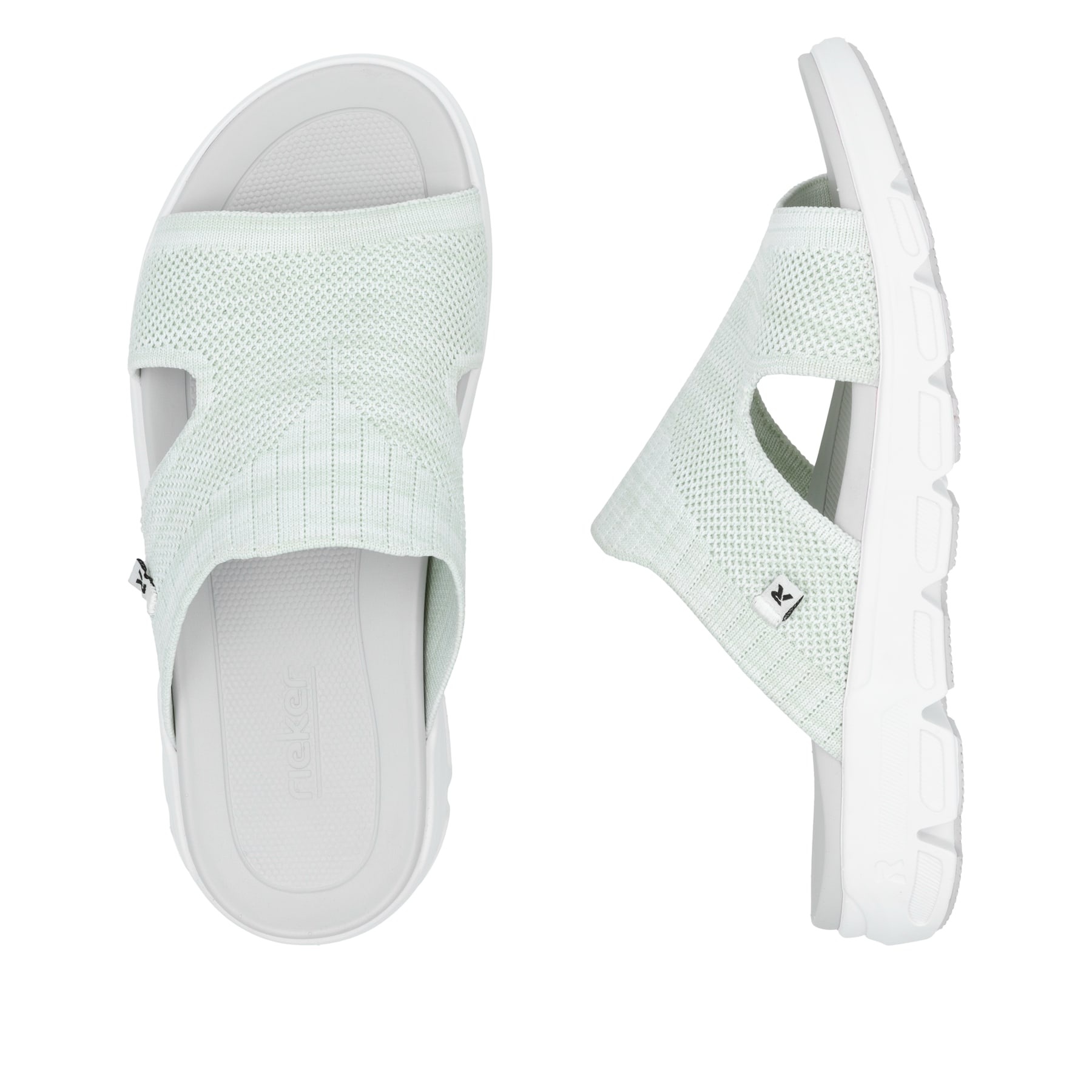 Rosane waschbare Rieker Damen Pantoletten V8451-53 mit einem Gummizug. Schuh von oben, liegend.