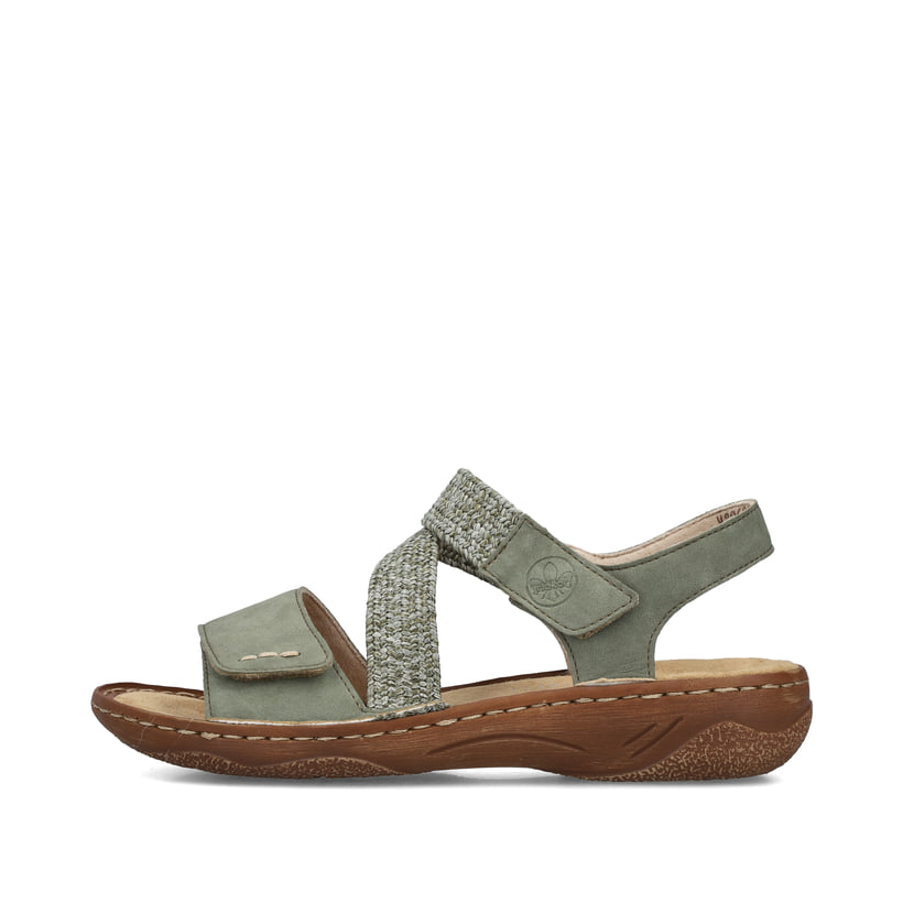 Grüne Rieker Damen Riemchensandalen V2862-52 mit einem Klettverschluss. Schuh Außenseite.
