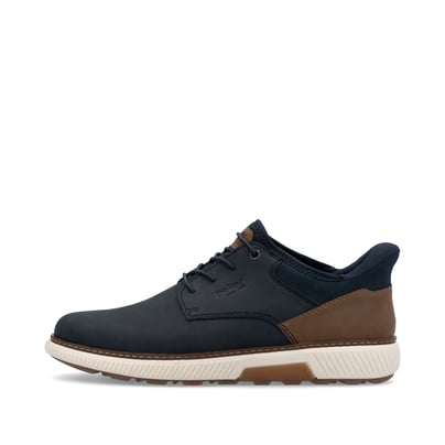 Blaue Rieker Herren Slipper B3357-14 mit Ready2GO Slip-in Feature sowie Gummizug. Schuh Außenseite.