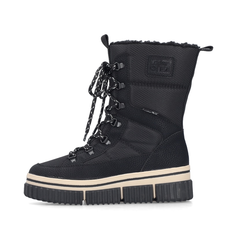 Vegane, schwarze Rieker Damen Kurzstiefel Y6380-00 mit einem Reißverschluss. Schuh Außenseite.