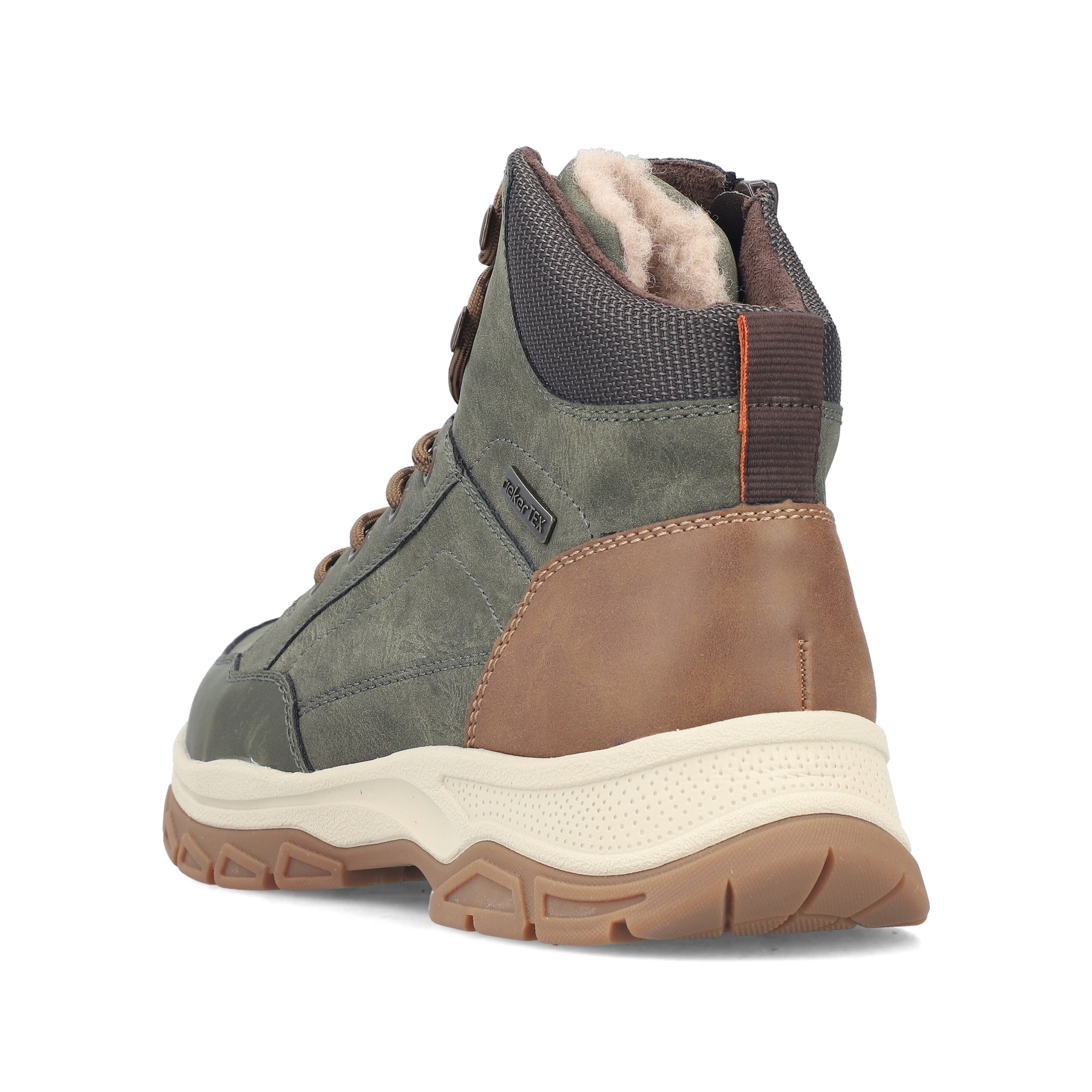 Dunkelgrün-schwarze Rieker Herren Schnürstiefel 30212-54 mit Reißverschluss. Schuh von hinten.