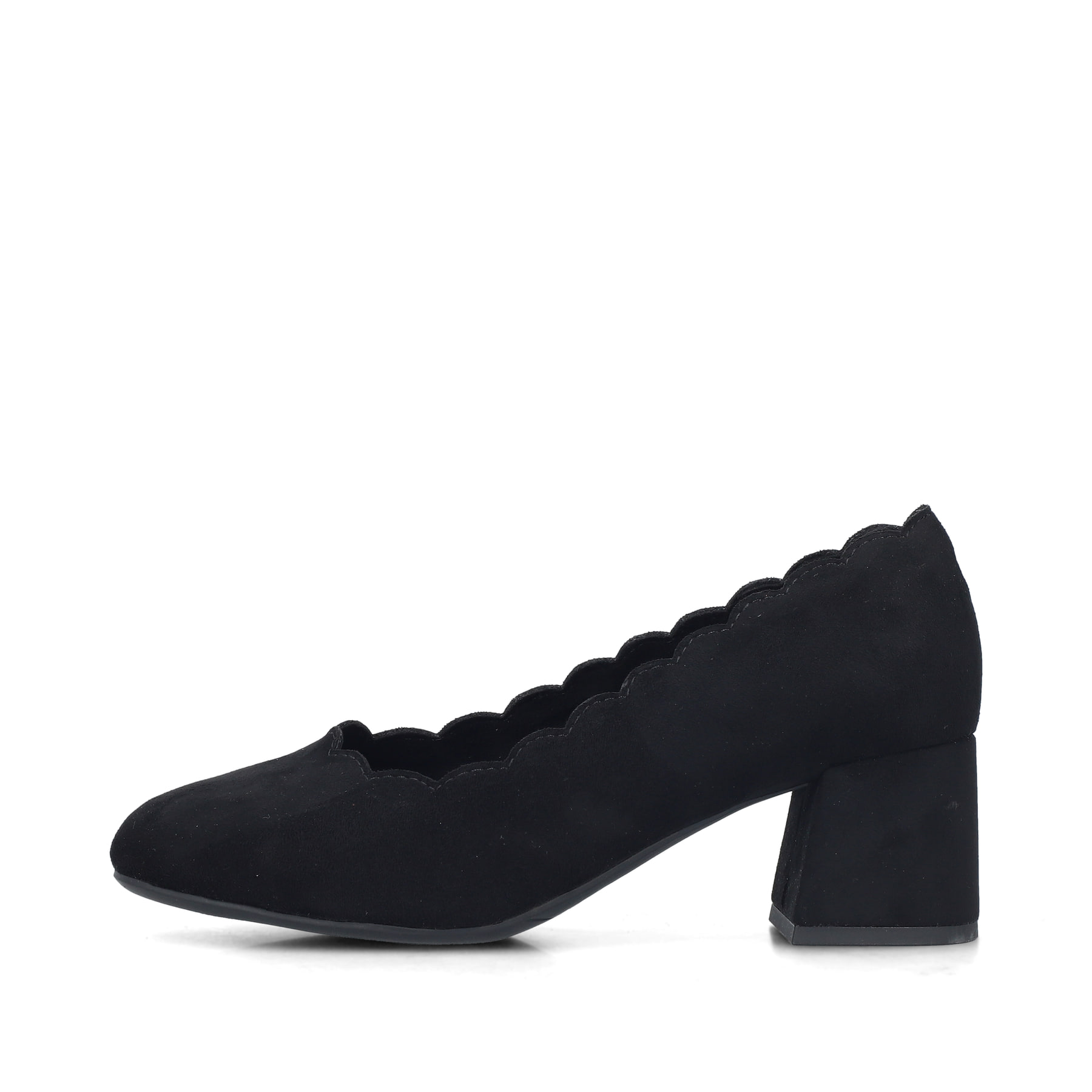 Schwarze Rieker Pumps 44767-00 mit einer griffigen Sohle. Schuh Außenseite.