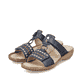 Blaue Rieker Damen Pantoletten 60842-14 mit Klettverschluss sowie Löcheroptik. Schuhpaar seitlich schräg.