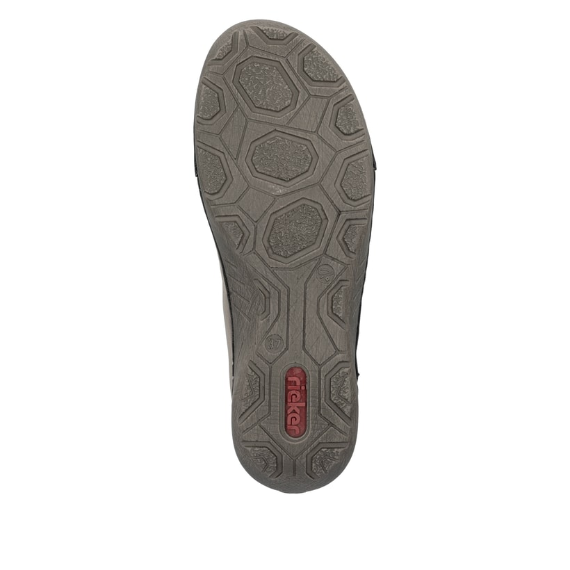 Graue Rieker Damen Schnürschuhe 52514-42 mit rundem Logo sowie Reißverschluss. Schuh Laufsohle.