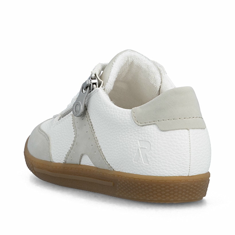 Weiße Rieker Damen Sneaker Low L9700-80 mit einem Reißverschluss. Schuh von hinten.