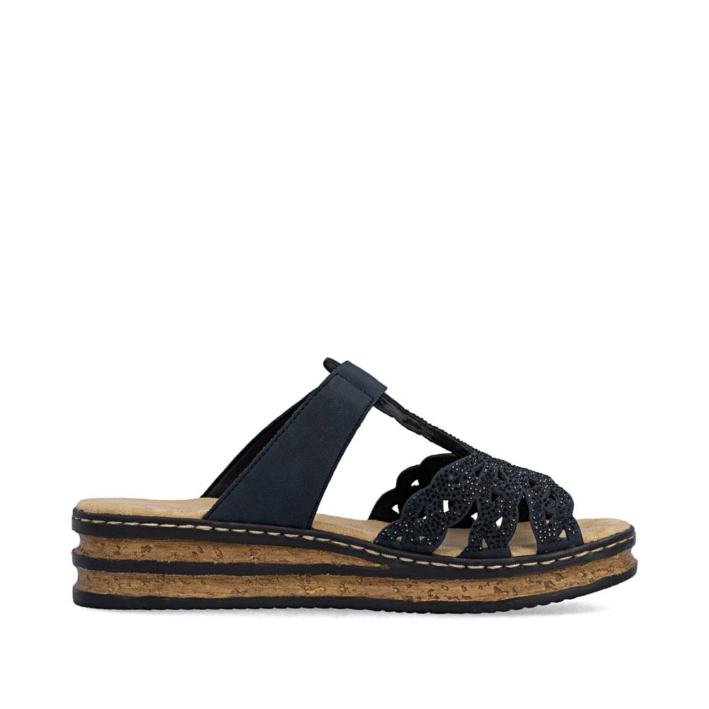 Blaue Rieker Damen Pantoletten 62986-14 mit Strasssteinen sowie Klettverschluss. Schuh Innenseite.