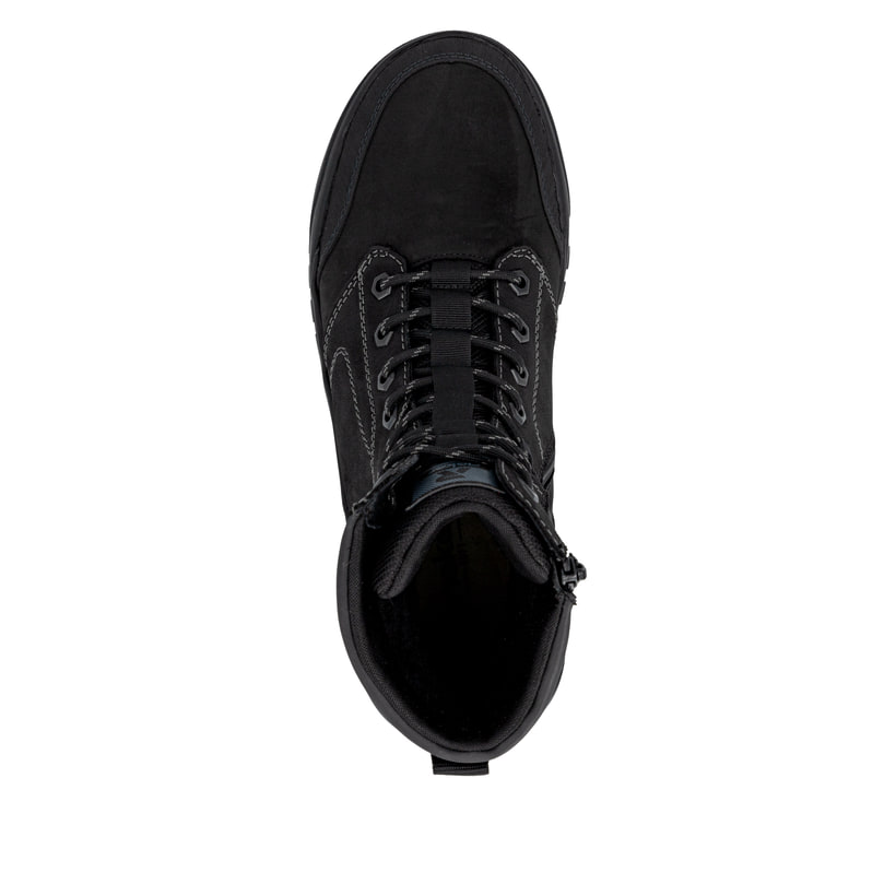 Schwarze Rieker Herren Schnürstiefel U1572-00 mit griffiger Fiber-Grip Sohle. Schuh von oben.