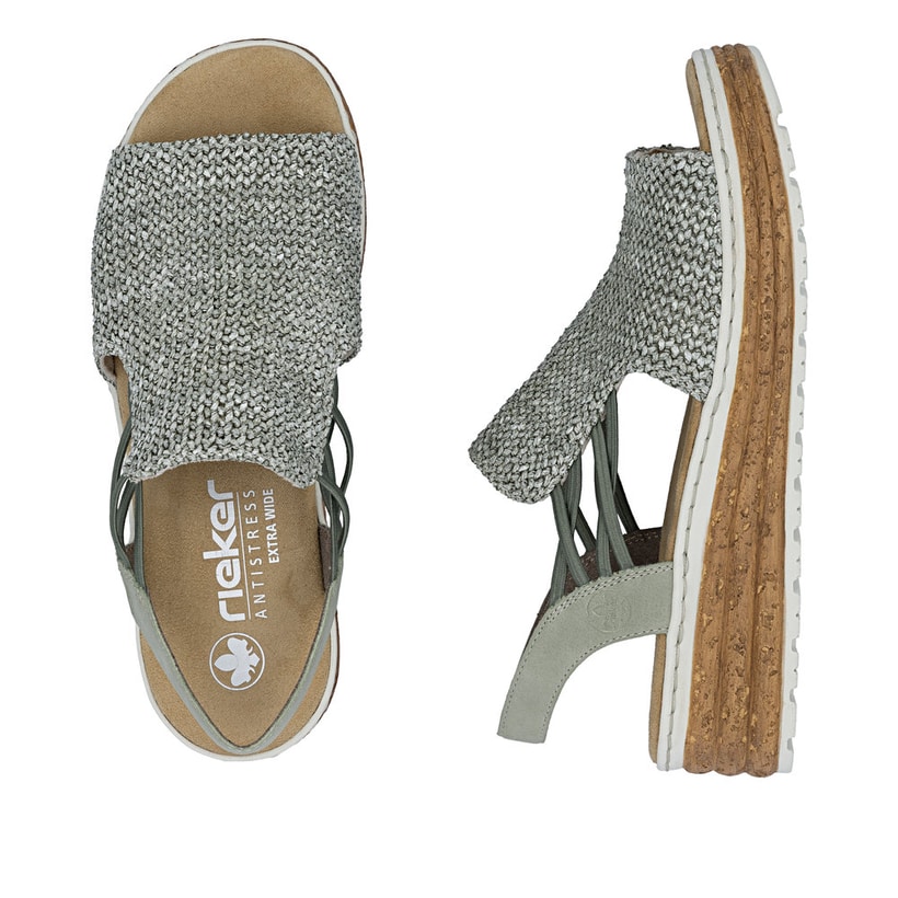 Khakifarbene Rieker Keilsandaletten 62741-52 mit Gummizug sowie der Extraweite H. Schuh von oben, liegend.