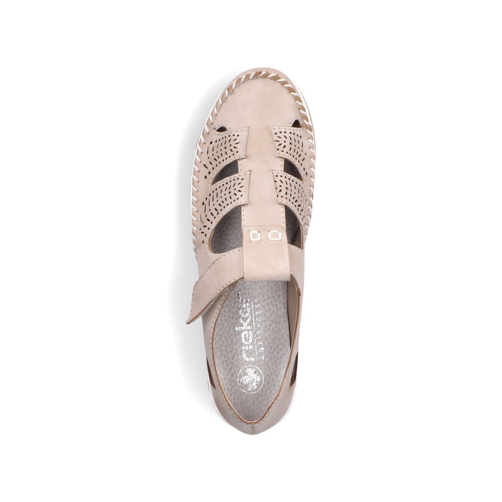 Beige Rieker Damen Slipper 49958-61 aus Glattleder, Barfußschuhe. Schuh von oben.