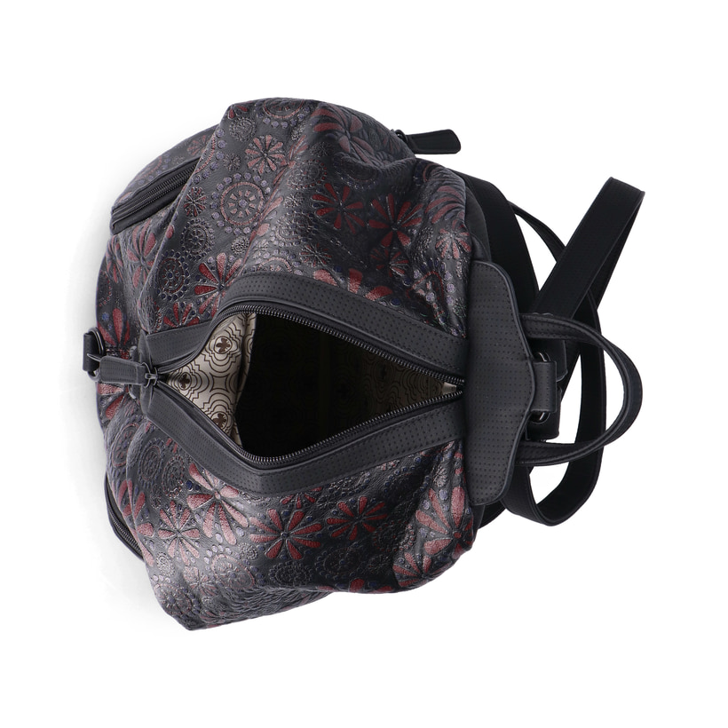Rieker Rucksack H1055-95 in Schwarz mit schlichter Blumenoptik, Reißverschluss, Handyfach und praktischem Karabiner. Geöffnet.