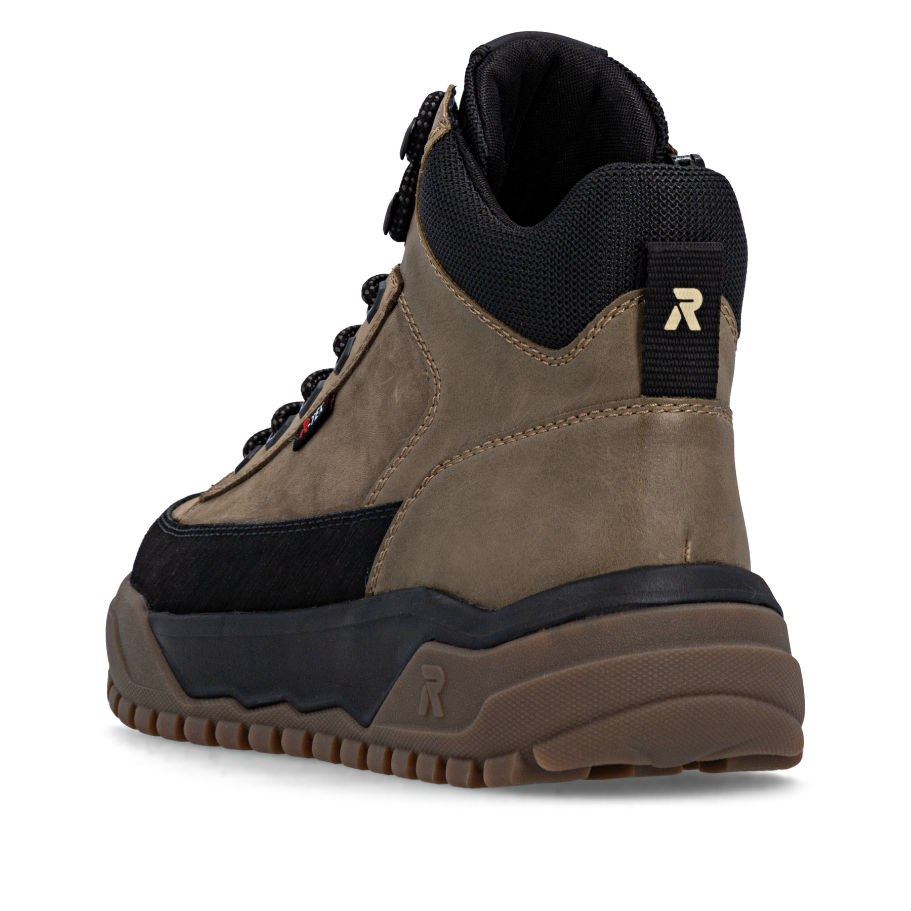 Braune Rieker Herren Schnürstiefel U1571-20 mit wasserabweisender TEX-Membran. Schuh von hinten.