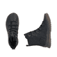 Schwarze Rieker Damen Schnürstiefel 53602-00 mit einem Reißverschluss. Schuh von oben, liegend.