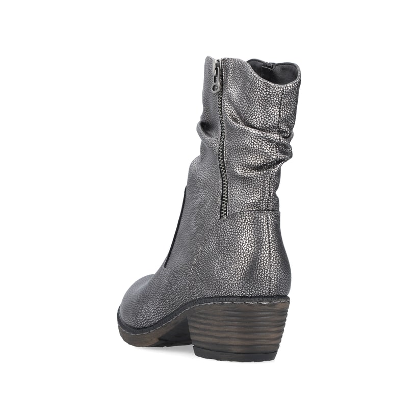 Silberne Rieker Damen Stiefeletten 93760-90 mit einem Reißverschluss. Schuh von hinten.