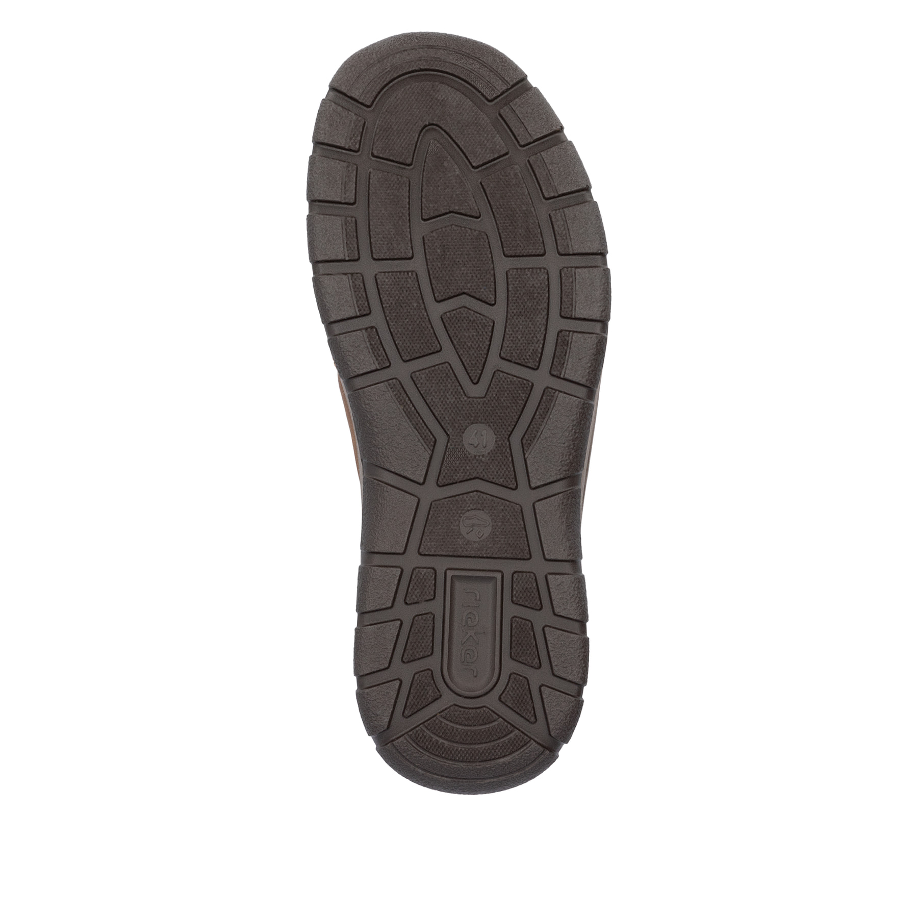 Mocassins  Rieker marron pour hommes 03650-24 avec élastiques et en largeur extra H. Vue semelle extérieure de la chaussure.