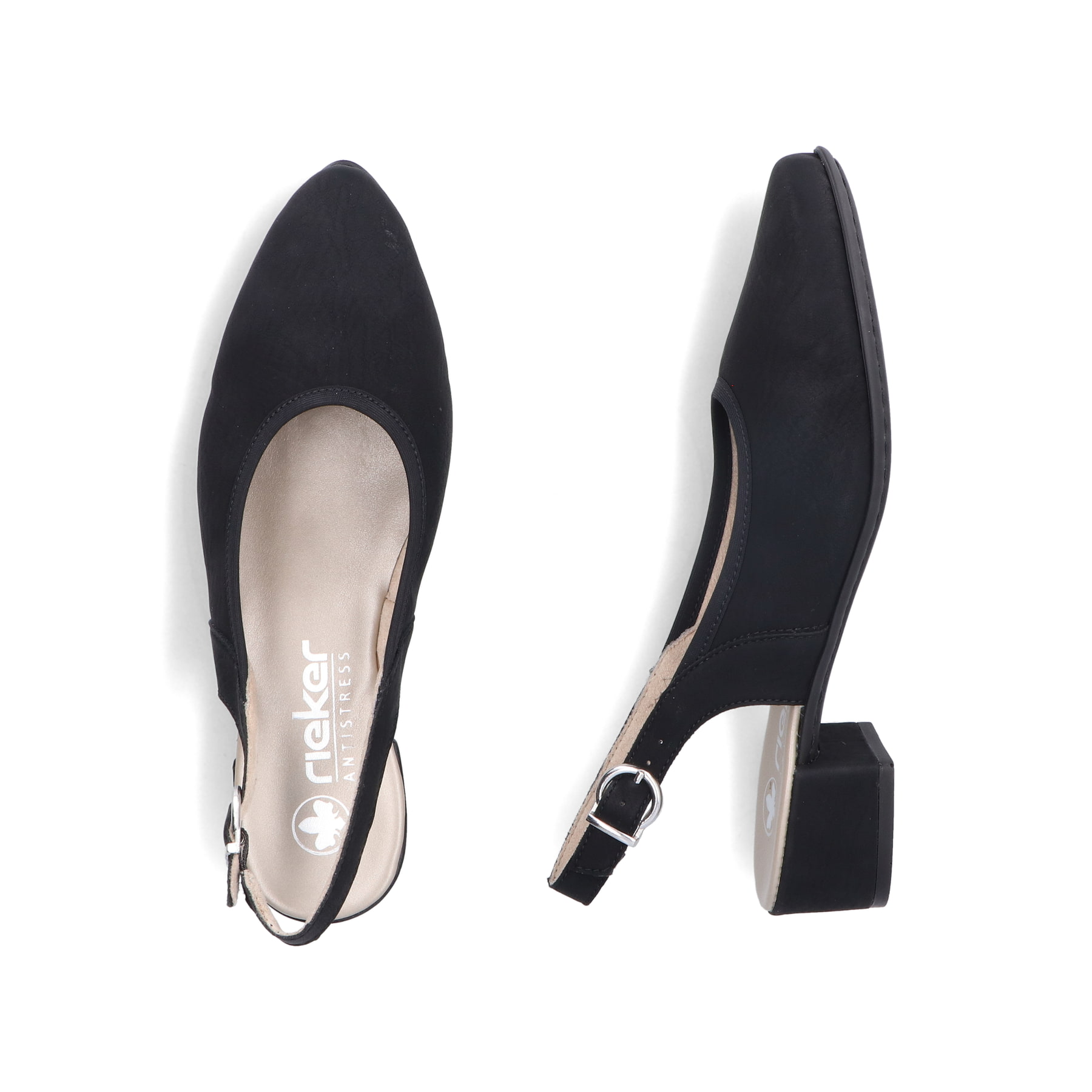Schwarze Rieker Slingpumps 47060-00 mit Schnalle sowie einer leichten Sohle. Schuh von oben, liegend.