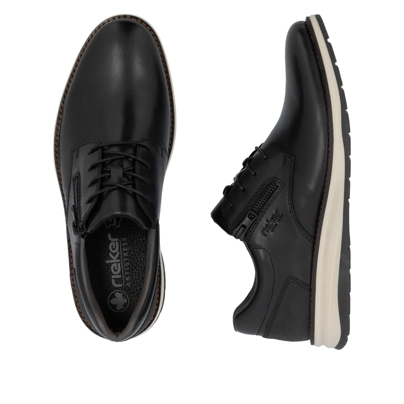 Schwarze Rieker Herren Schnürschuhe 14706-00 aus Glattleder mit Reißverschluss. Schuh von oben, liegend.