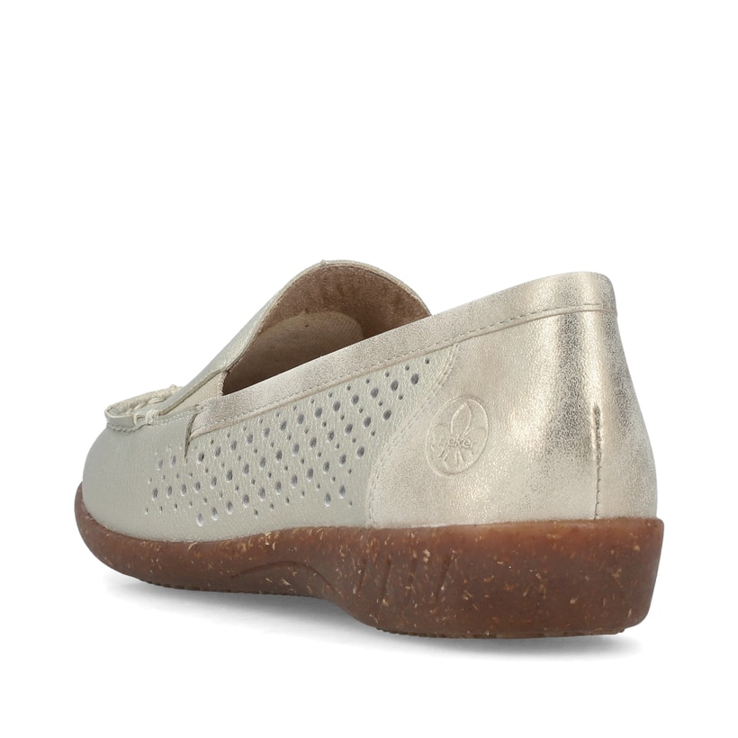 Goldene Rieker Damen Loafer 47656-90 mit Gummizug sowie extra weicher Decksohle. Schuh von hinten.