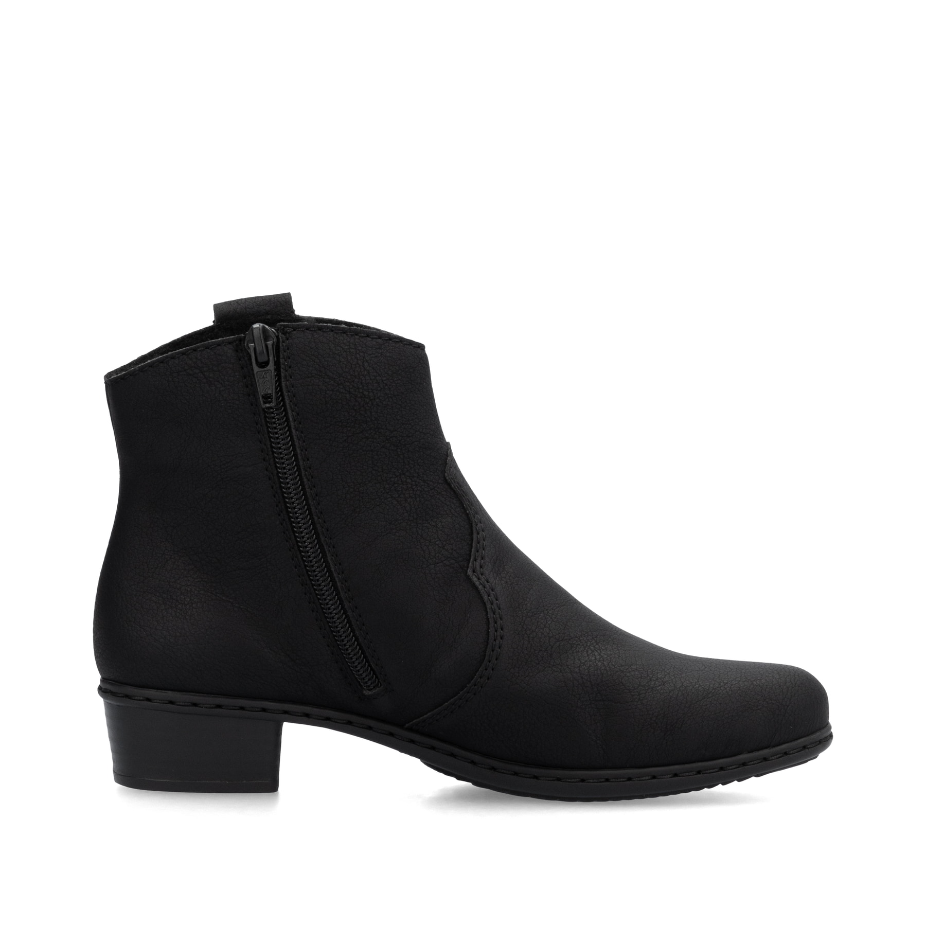 Nachtschwarze Rieker Damen Stiefeletten Y0762-00 mit einem Reißverschluss. Schuh von hinten.