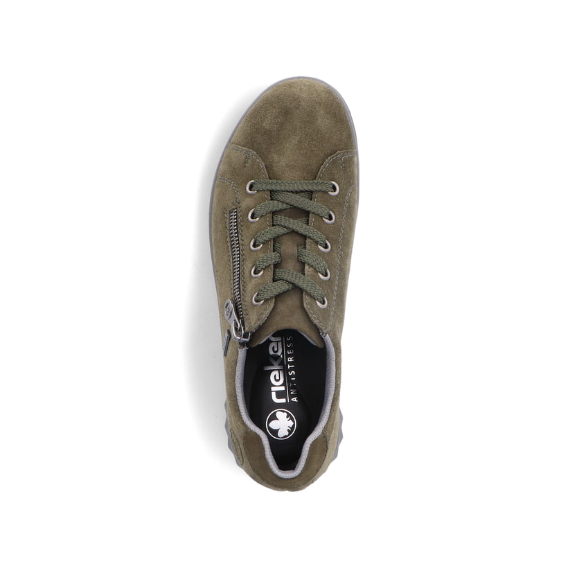 Zartrosane vegane Rieker Damen Loafer 58955-31 mit einem Elastikeinsatz. Schuh Außenseite gespiegelt.