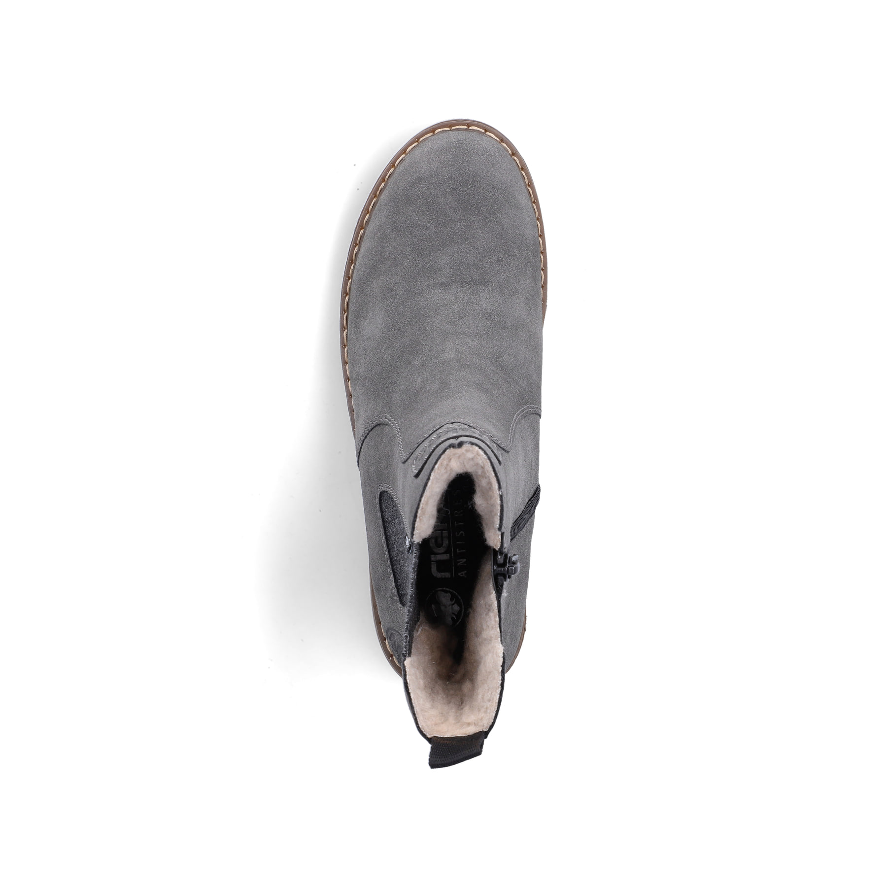 Dunkelgraue Rieker Damen Chelsea Boots Y9160-45 mit einem Reißverschluss. Schuh von oben.