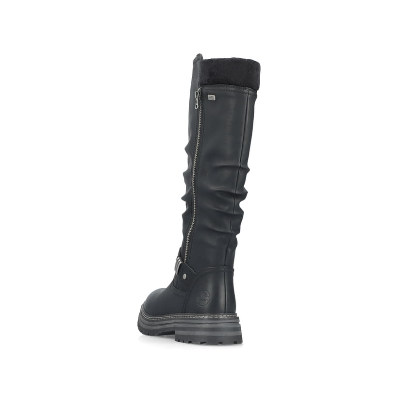 Schwarze Rieker Damen Hochschaftstiefel 93093-00 mit einem Reißverschluss. Schuh von hinten.