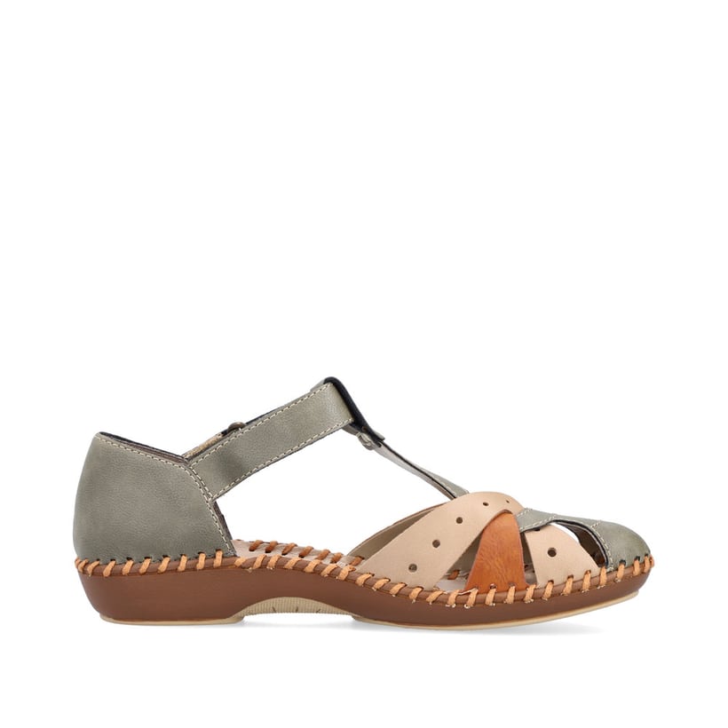 Grünbraune Rieker Damen Sandalen M1655-54, Barfußschuhe mit modernen Ziernähten. Schuh Innenseite.
