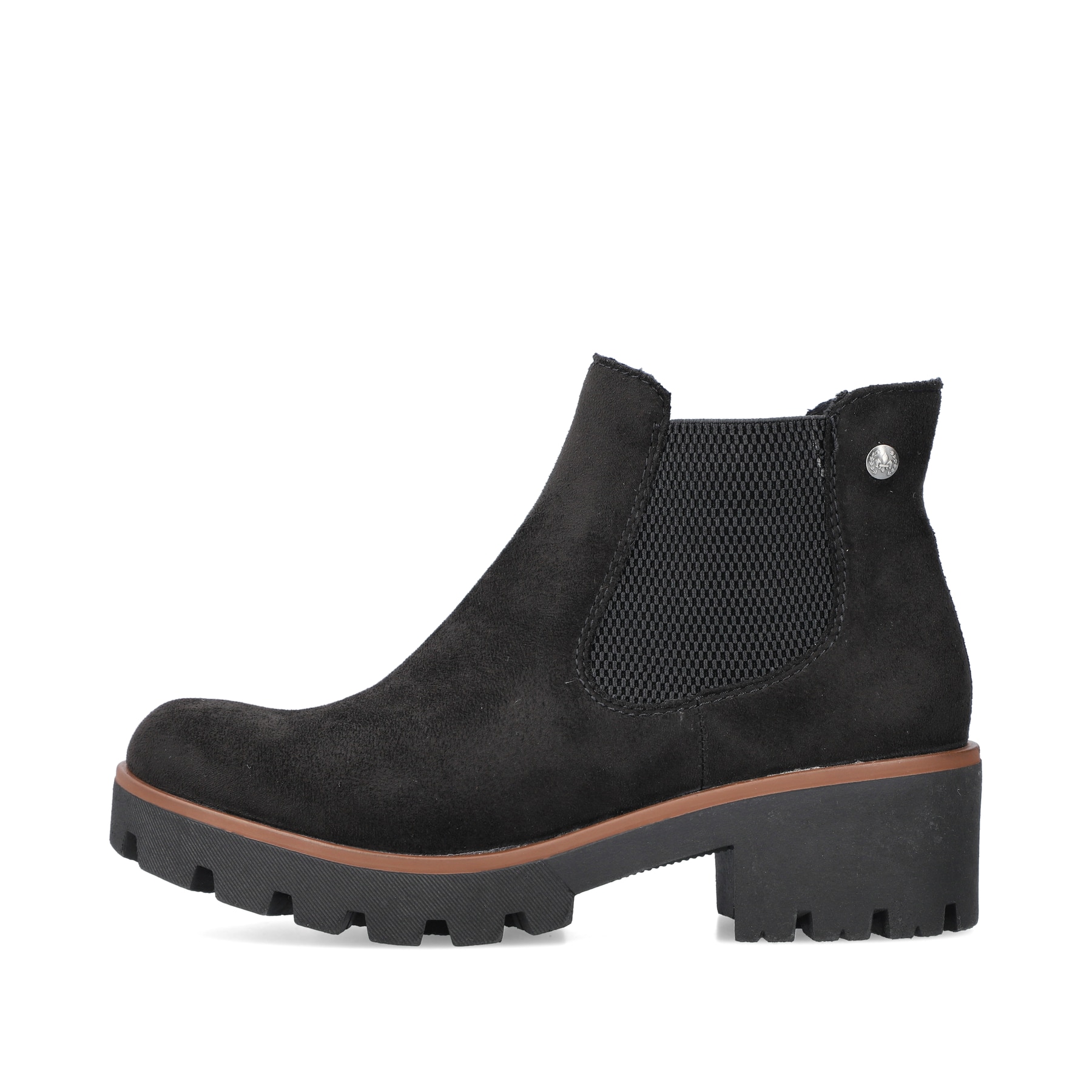 Graphitschwarze Rieker Damen Chelsea Boots 79265-00 mit einer leichten Profilsohle. Schuh Außenseite