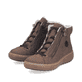 Dunkelbraune Rieker Damen Kurzstiefel Z6660-25 mit einem Reißverschluss. Schuhpaar seitlich schräg.