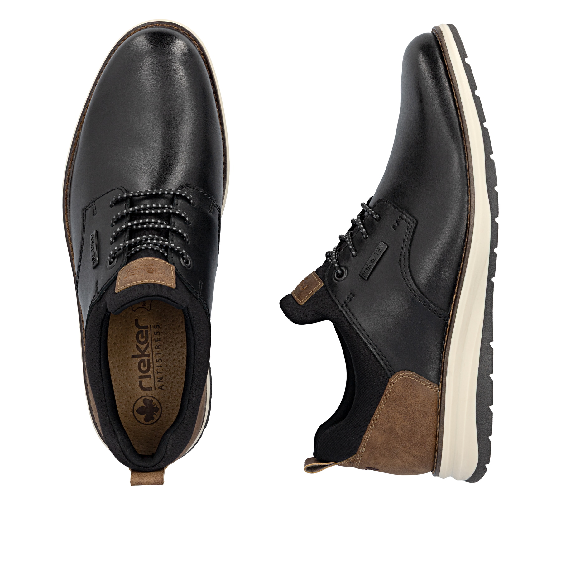 Schwarz-braune Rieker Herren Slipper 14755-00 aus Glattleder. Schuh von oben, liegend.