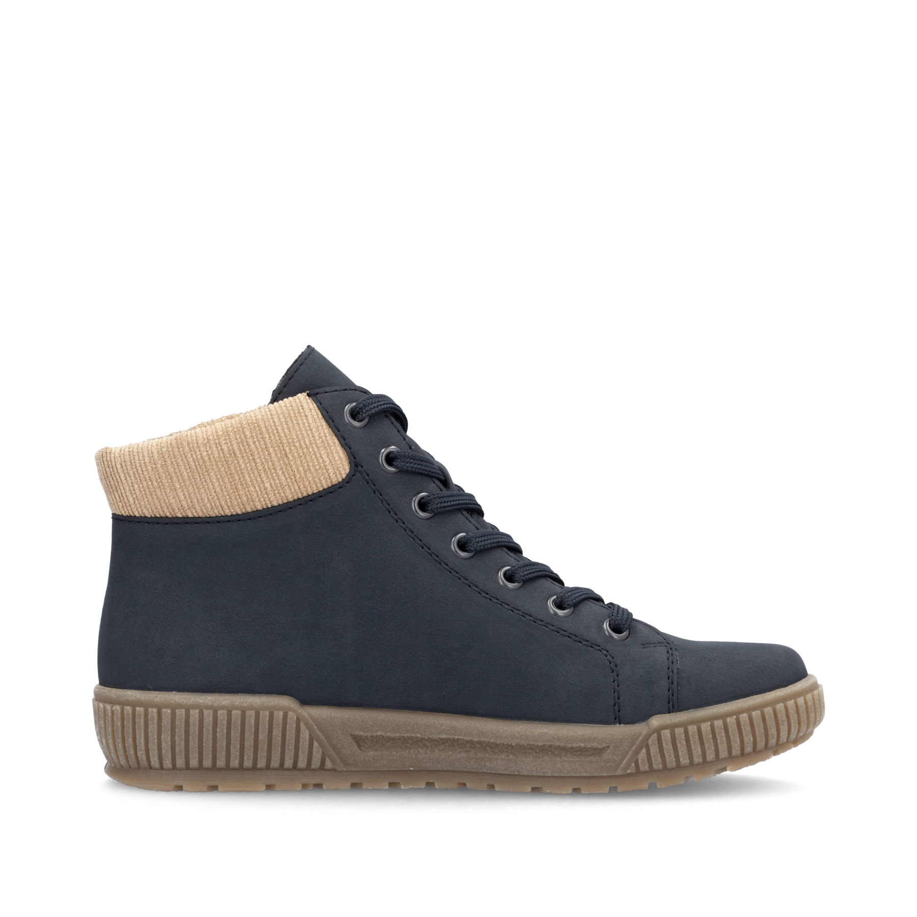 Blaue Rieker Damen Schnürstiefel N0709-15 mit Schaftkragen sowie Reißverschluss. Schuh Innenseite.