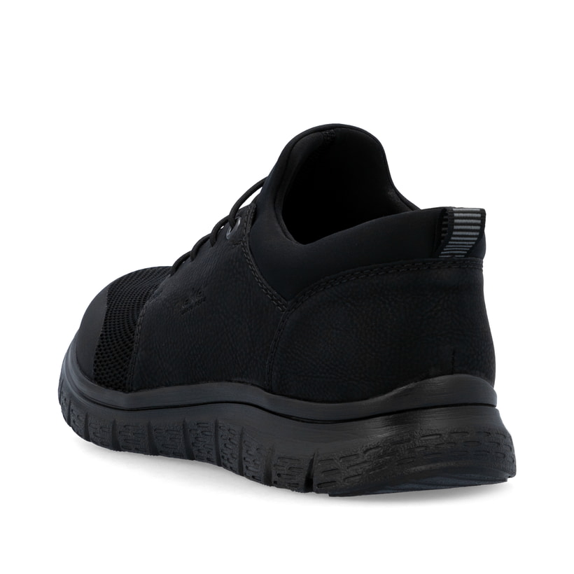 Schwarze Rieker Herren Slipper B6650-00 mit Gummizug sowie Komfortweite G 1/2. Schuh von hinten.