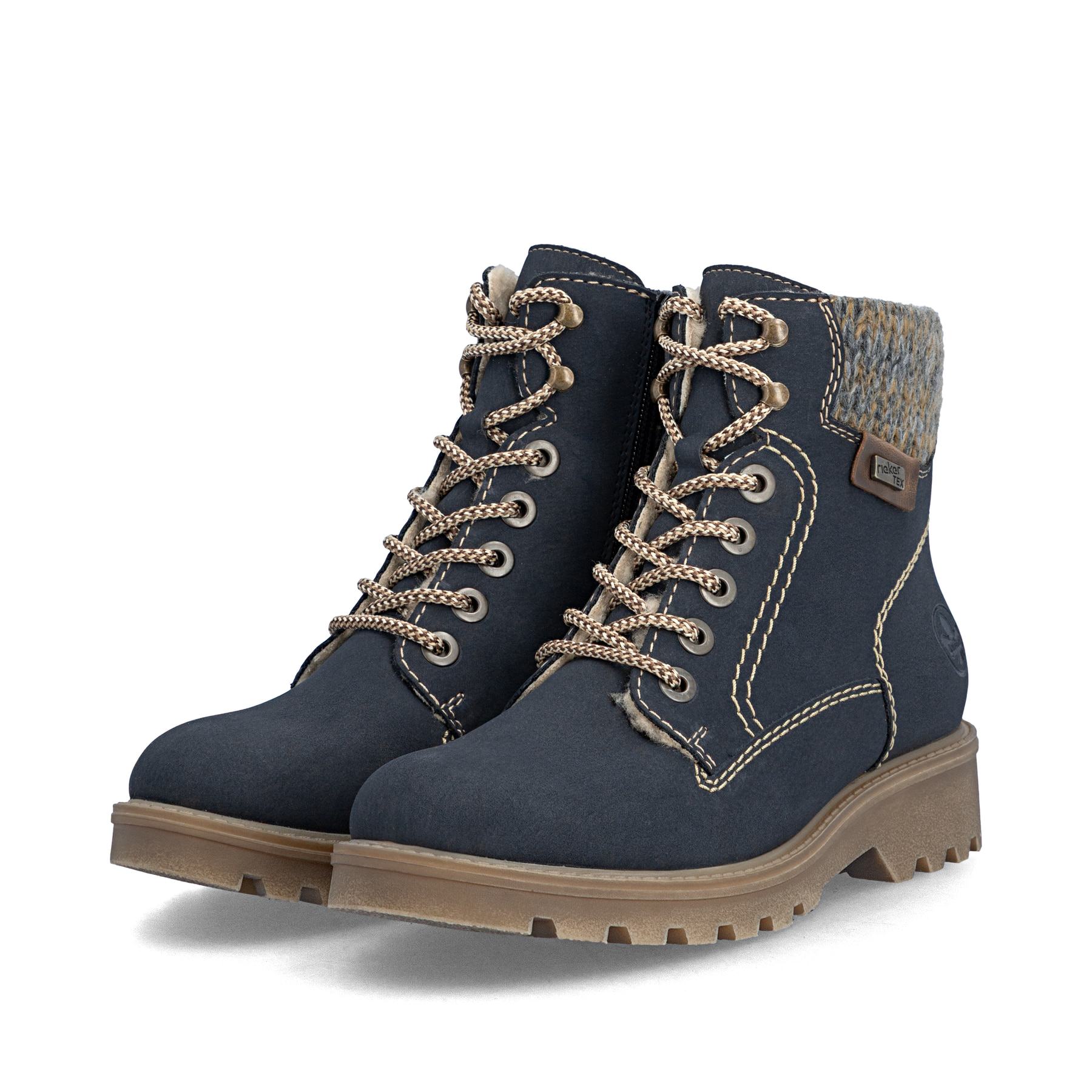 Dunkelblaue Rieker Damen Biker Boots 73220-14 mit wasserabweisender TEX-Membran. Schuhpaar seitlich schräg.