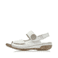 Weiße Rieker Damen Riemchensandalen V7272-80 mit einem Klettverschluss. Schuh Außenseite.