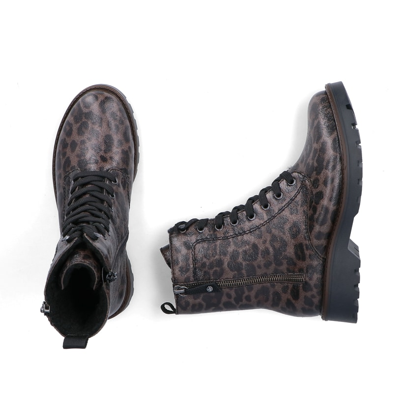 Graue vegane Rieker Damen Biker Boots 73210-42 mit Leo-Print. Schuh von oben, liegend.