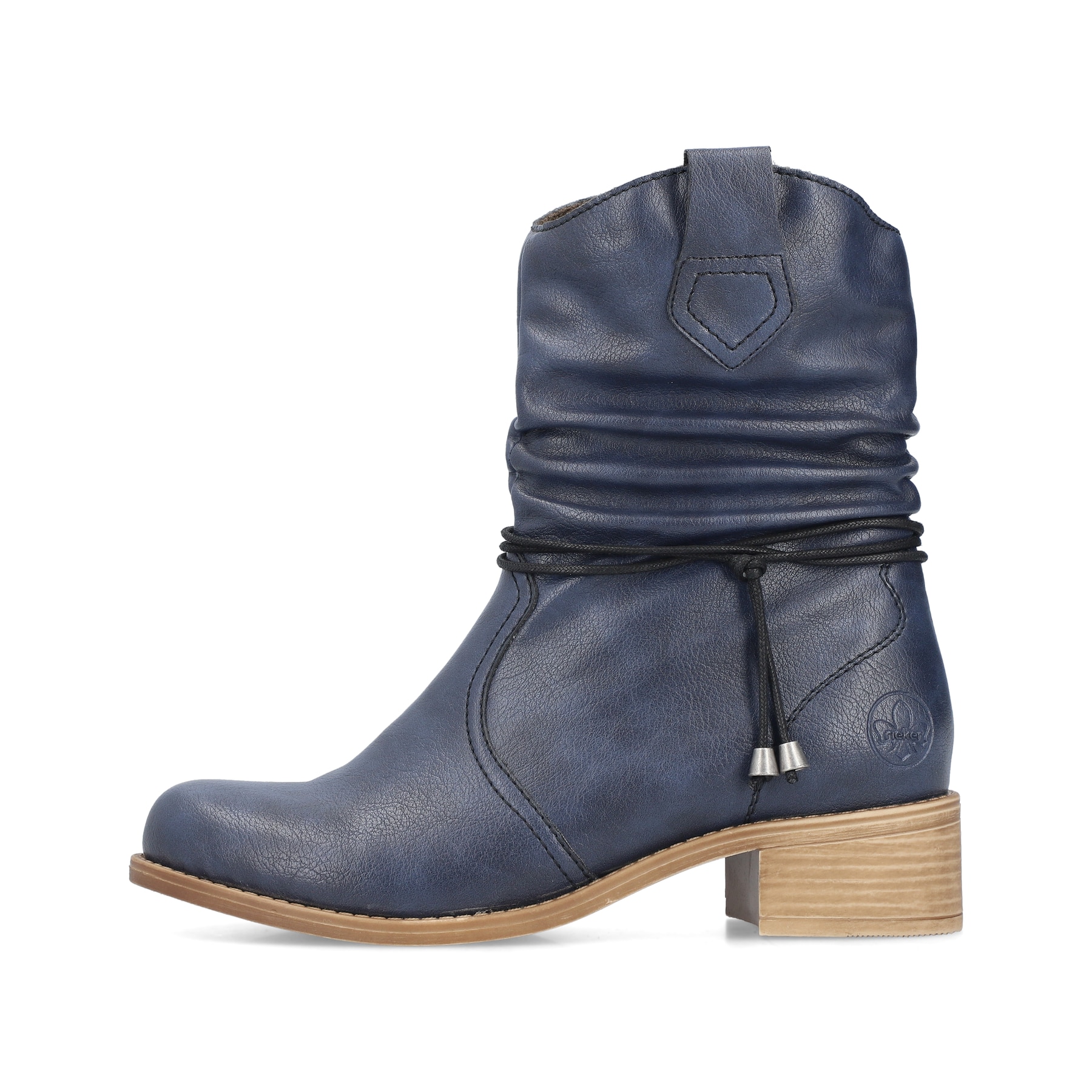 Pazifikblaue Rieker Damen Kurzstiefel 76584-14 mit modischer Kordel. Schuh Außenseite.