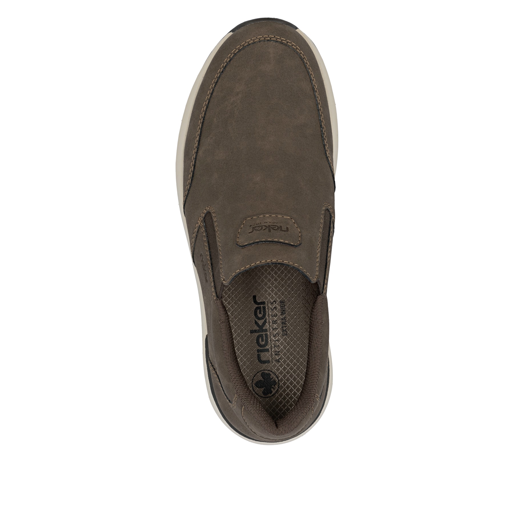 Braune Rieker Herren Slipper 11550-24 mit einem Gummizug sowie der Extraweite H. Schuh von oben.