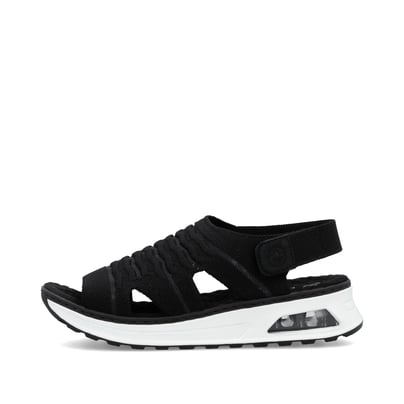 Schwarze Rieker Damen Riemchensandalen 65662-00 mit Rieker Air Sohlenfenster. Schuh Außenseite.