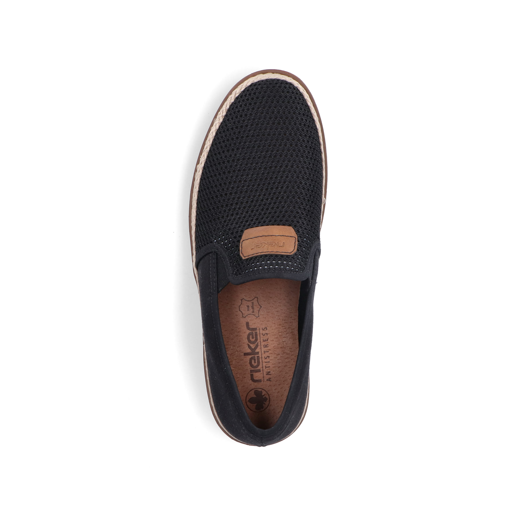 Schwarze Rieker Herren Slipper B2366-00 mit Gummizug sowie Komfortweite G 1/2. Schuh von oben.