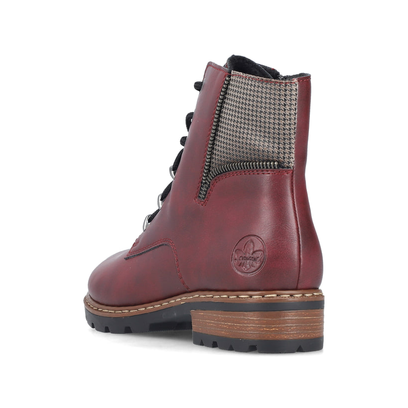 Weinrote Rieker Damen Schnürstiefel Z9344-30 mit Deko-Reißverschluss. Schuh von hinten.
