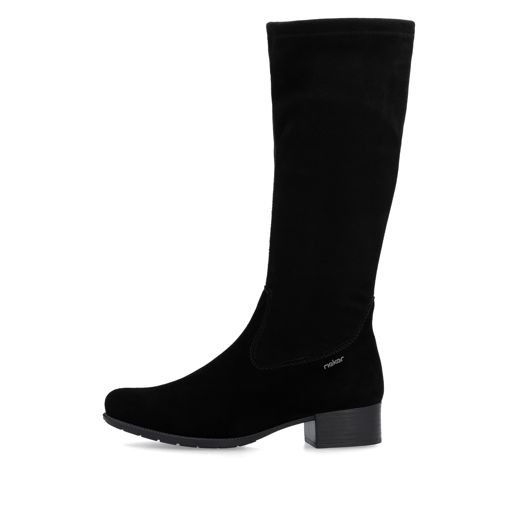 Tiefschwarze Rieker Damen Hochschaftstiefel 78654-00 mit einem Reißverschluss. Schuh Außenseite.