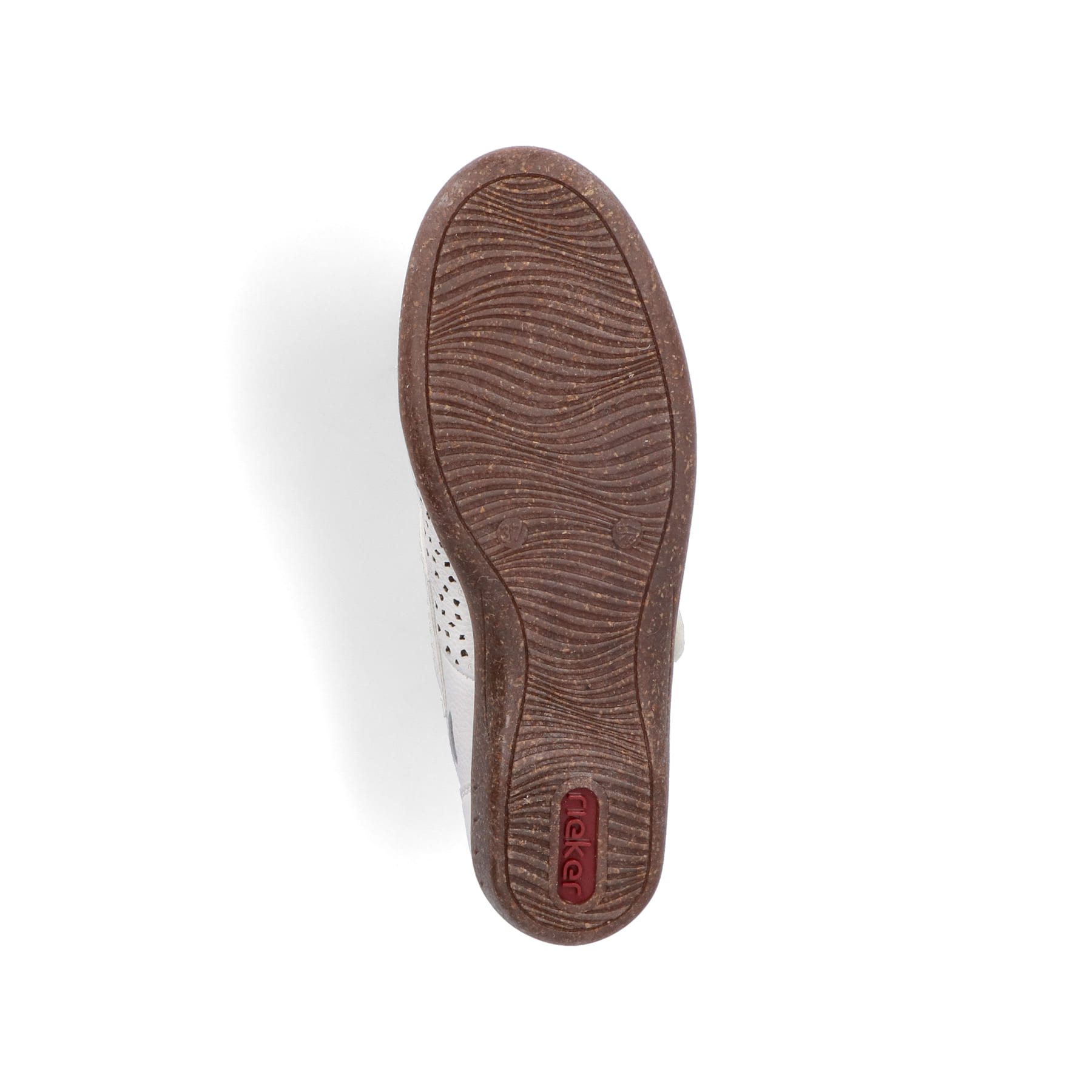 Weiße Rieker Ballerinas 47675-80 mit modernen Ziernähten sowie Klettverschluss. Schuh Laufsohle.