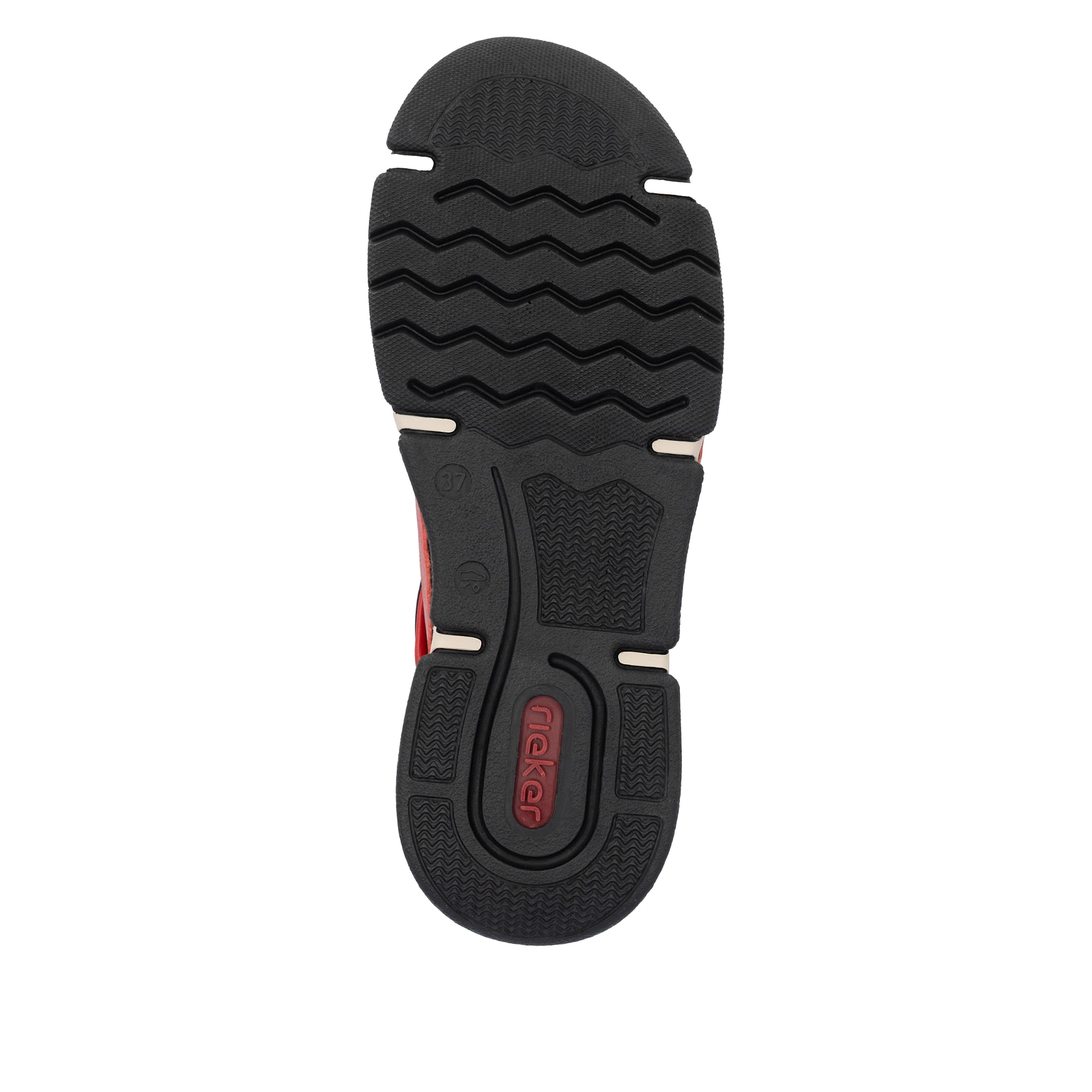 Rot-schwarze Rieker Damen Kurzstiefel 45983-33 mit einem Reißverschluss. Schuh Laufsohle.